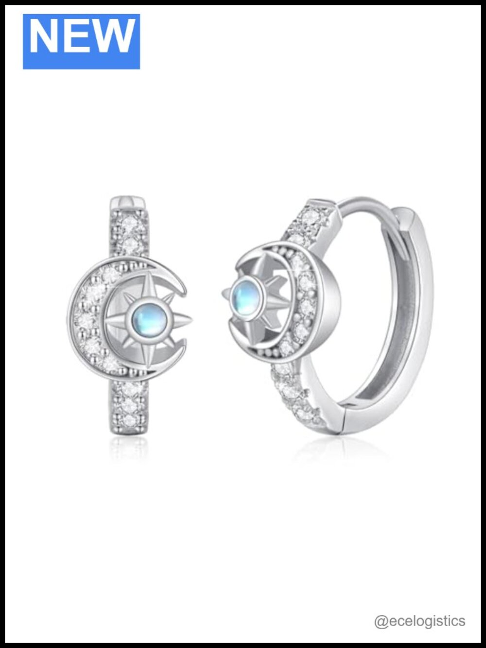 Sterling Silver Moonstone Sun Moon Star Hoop Earrings Hinged Hoop